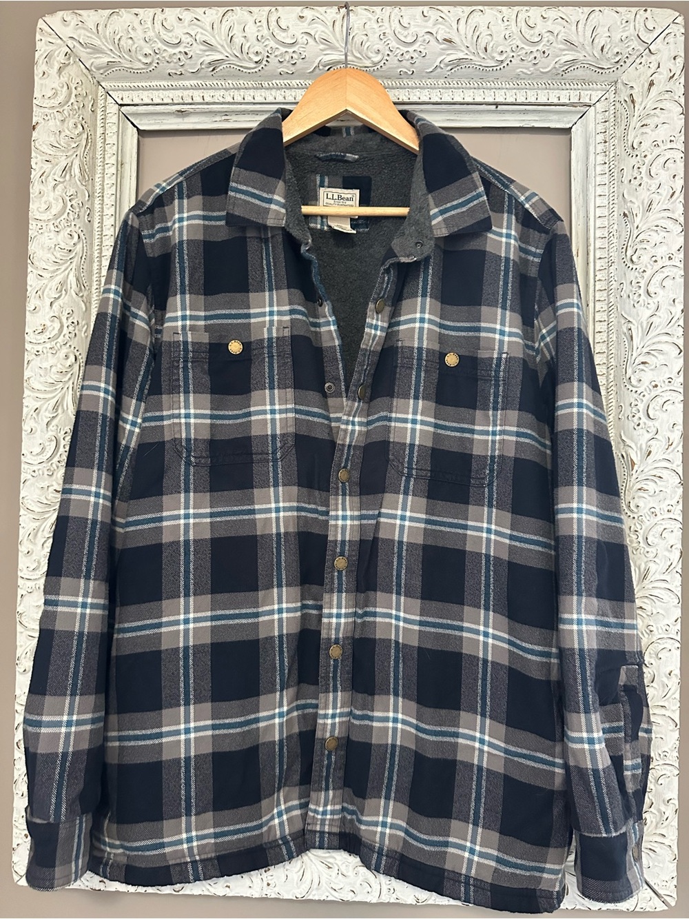 Vintage L.L.Bean Navy & Gray Plaid Flannel Fleece Lined Snap Front Shirt Jacket